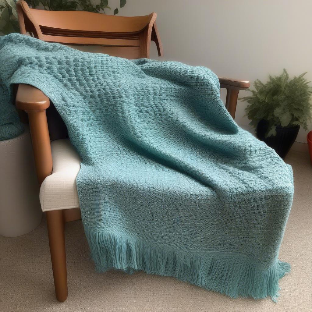 Crocheting a basket weave blanket, showing the work in progress.