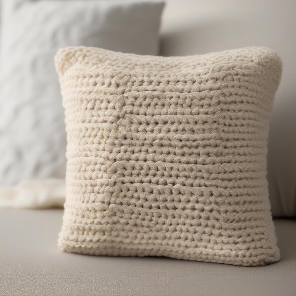 Close up of a crochet basket weave pillow showcasing the intricate texture and stitch definition