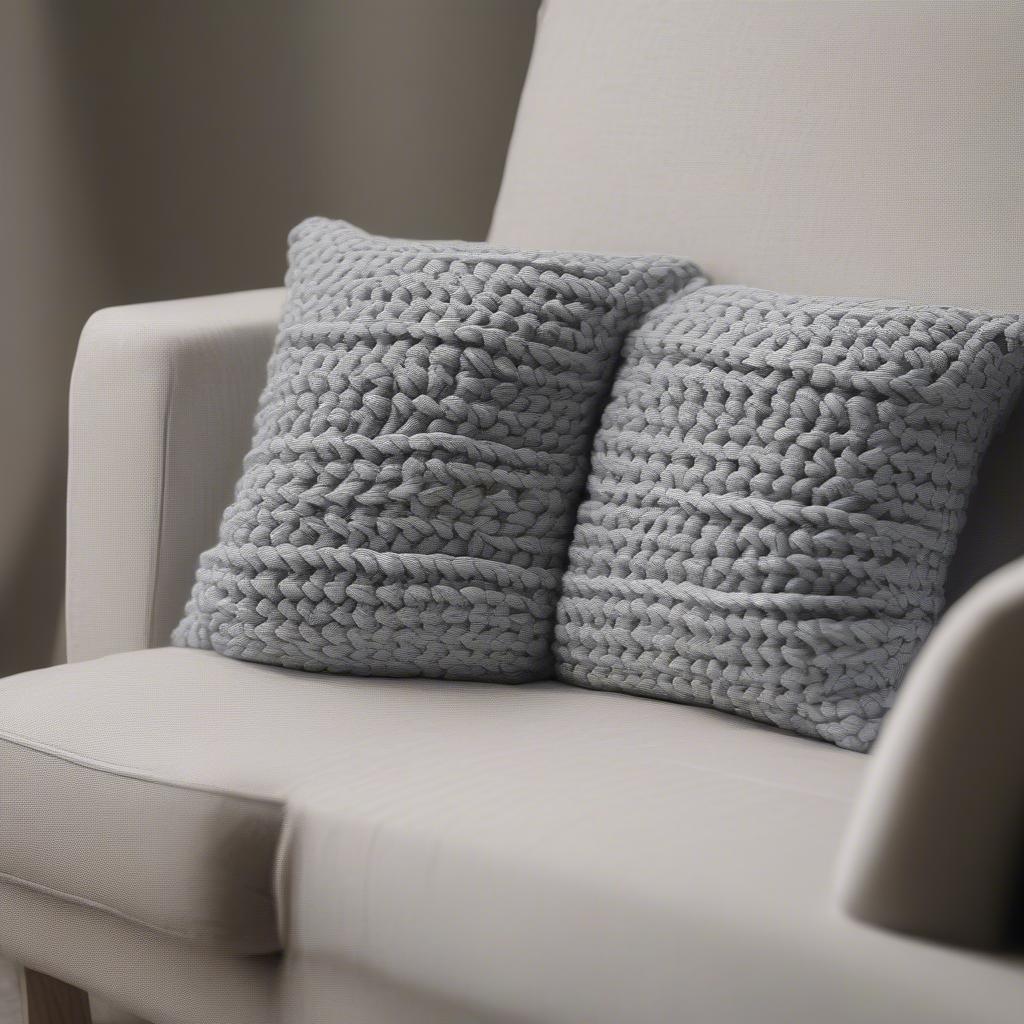 A crochet basket weave pillow placed on a modern sofa.