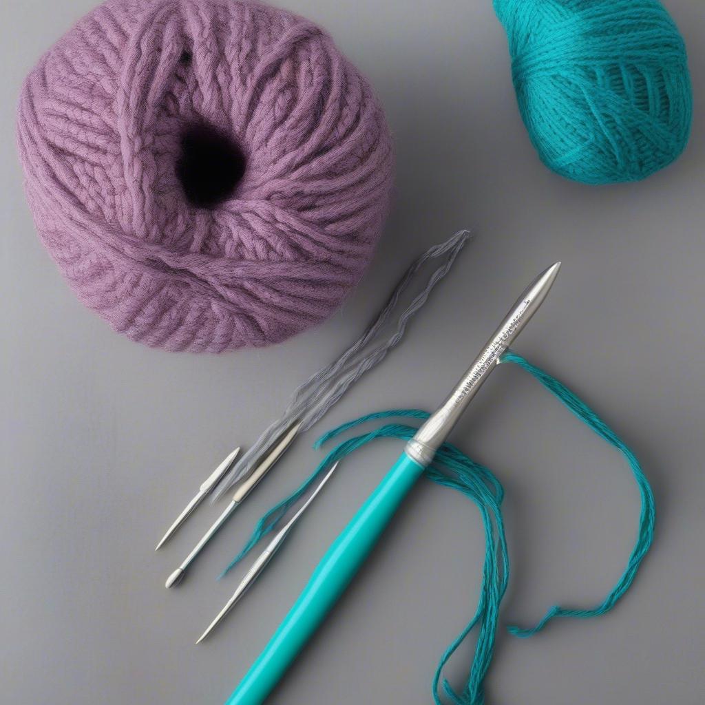 Crochet hook and Bernat yarn ready for basket weave stitch