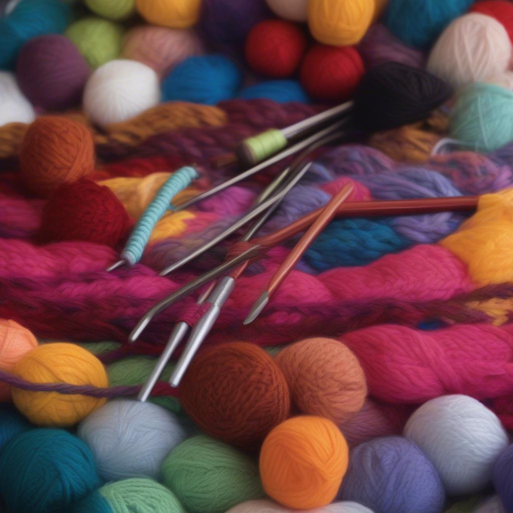 Crochet hook and yarn, ready to begin a basket weave stitch project. The yarn is a vibrant color, contrasting with the metallic hook.