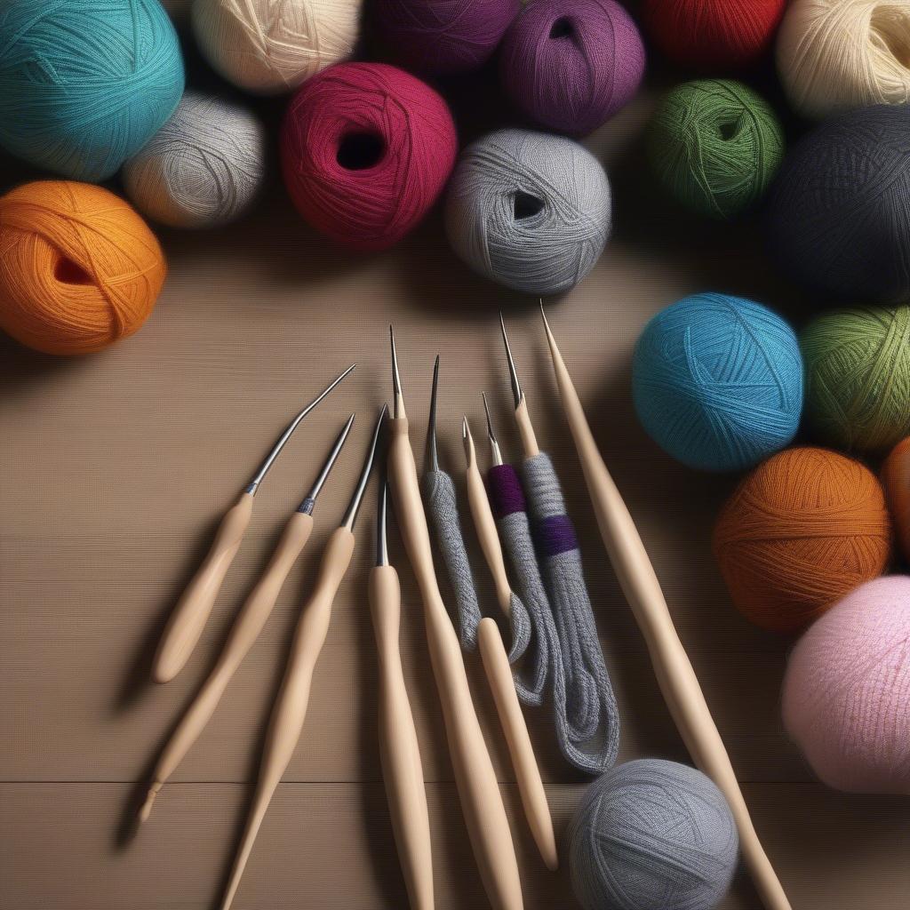 A variety of crochet hooks in different sizes laid out on a table.