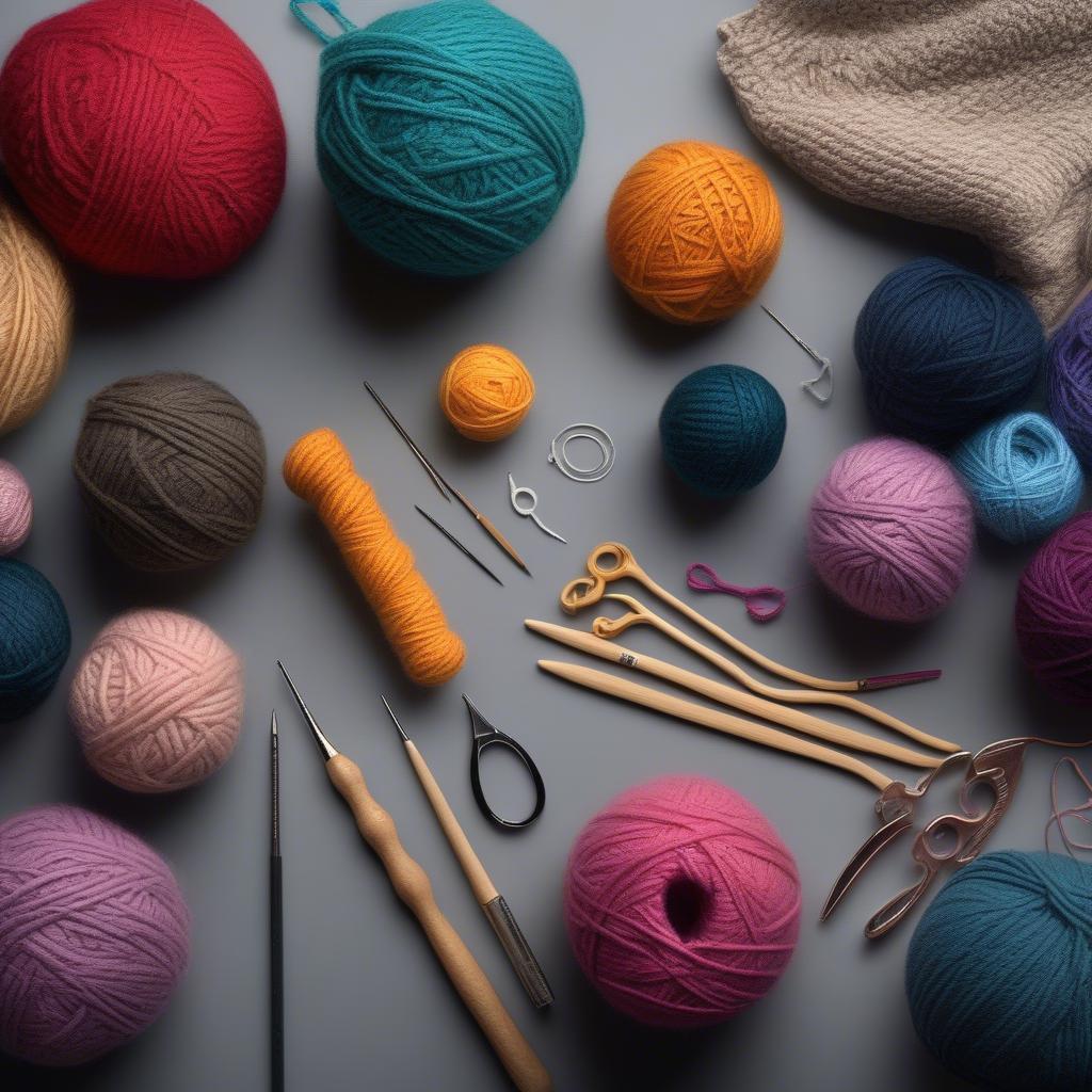 An assortment of crochet hooks and colorful yarn balls, ready for a crafting project.