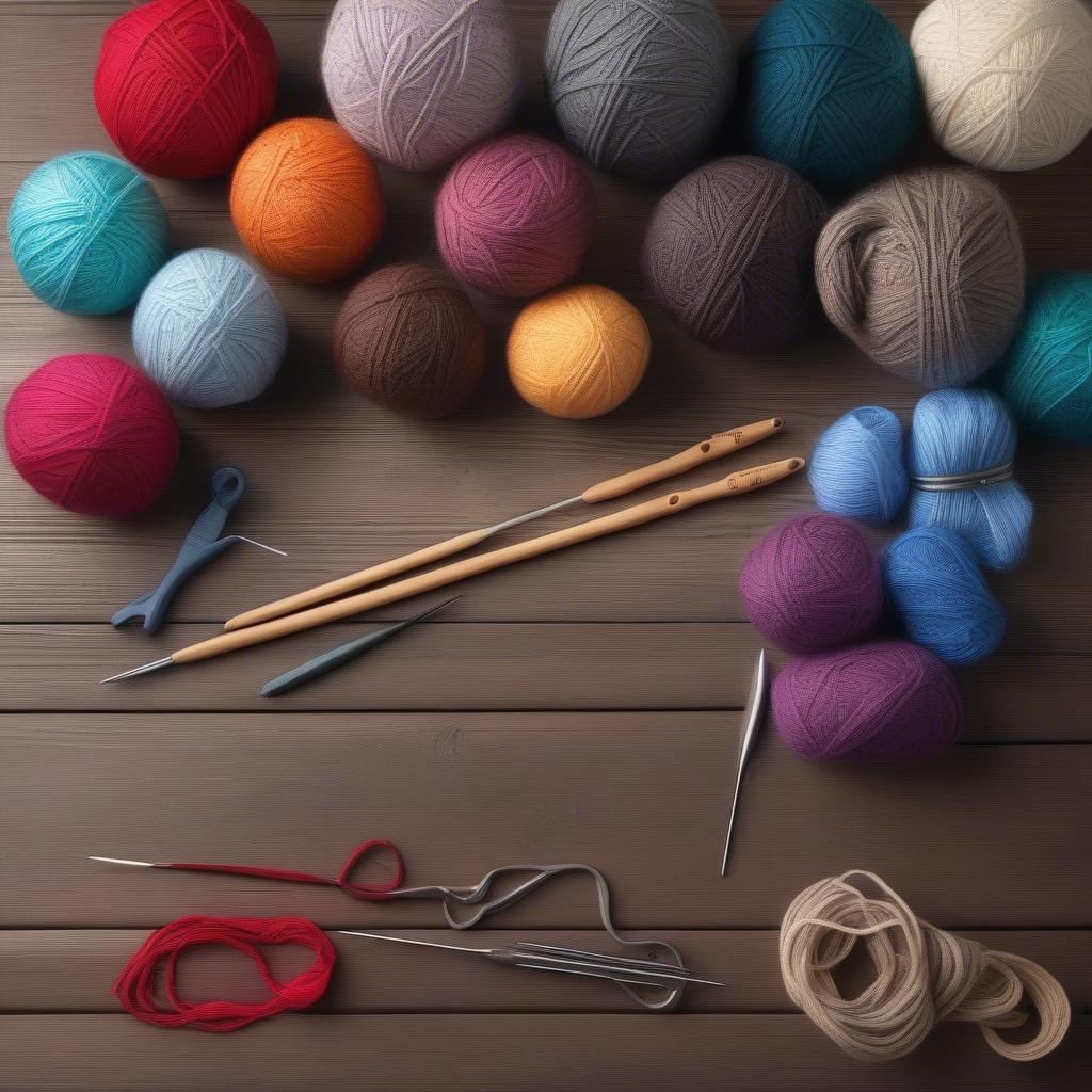 Various crochet hooks and yarn balls in different colors and textures