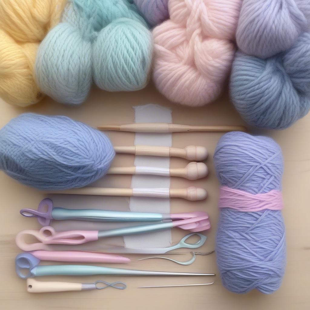 Close-up of crochet hooks and yarn in pastel colors