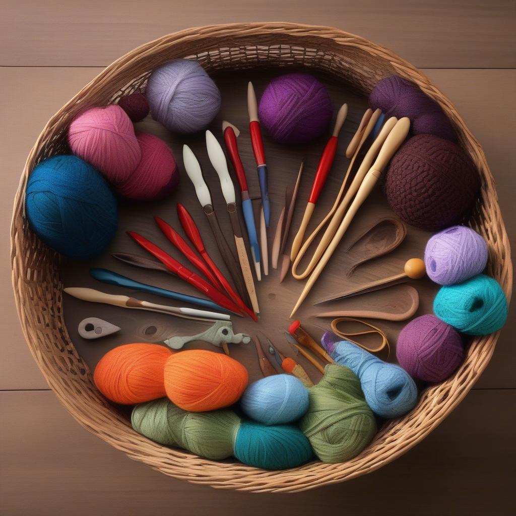 Crochet hooks and yarn arranged in a wicker basket