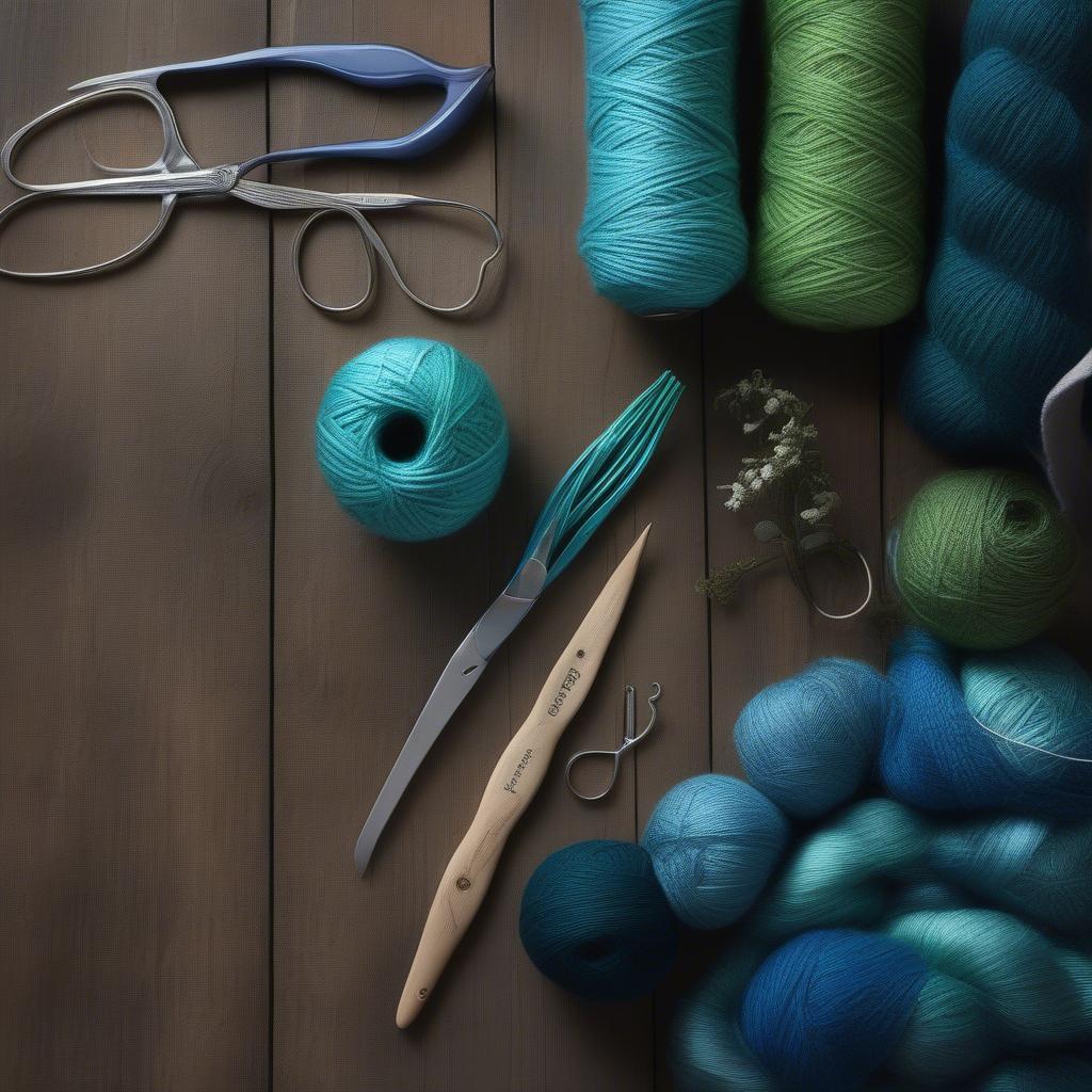 Yarn, crochet hook, and scissors arranged on a wooden table, ready for a basket weave crochet project.