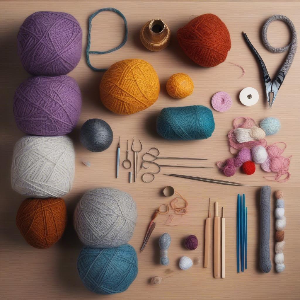 Yarn, Crochet Hooks, Tapestry Needle, and Stiffener on a Wooden Table