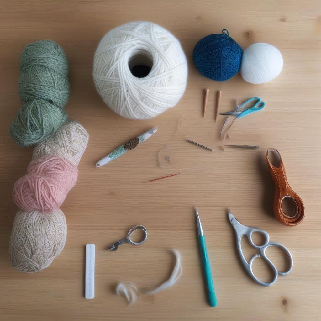 Yarn, hook, scissors, and a tapestry needle arranged on a table.