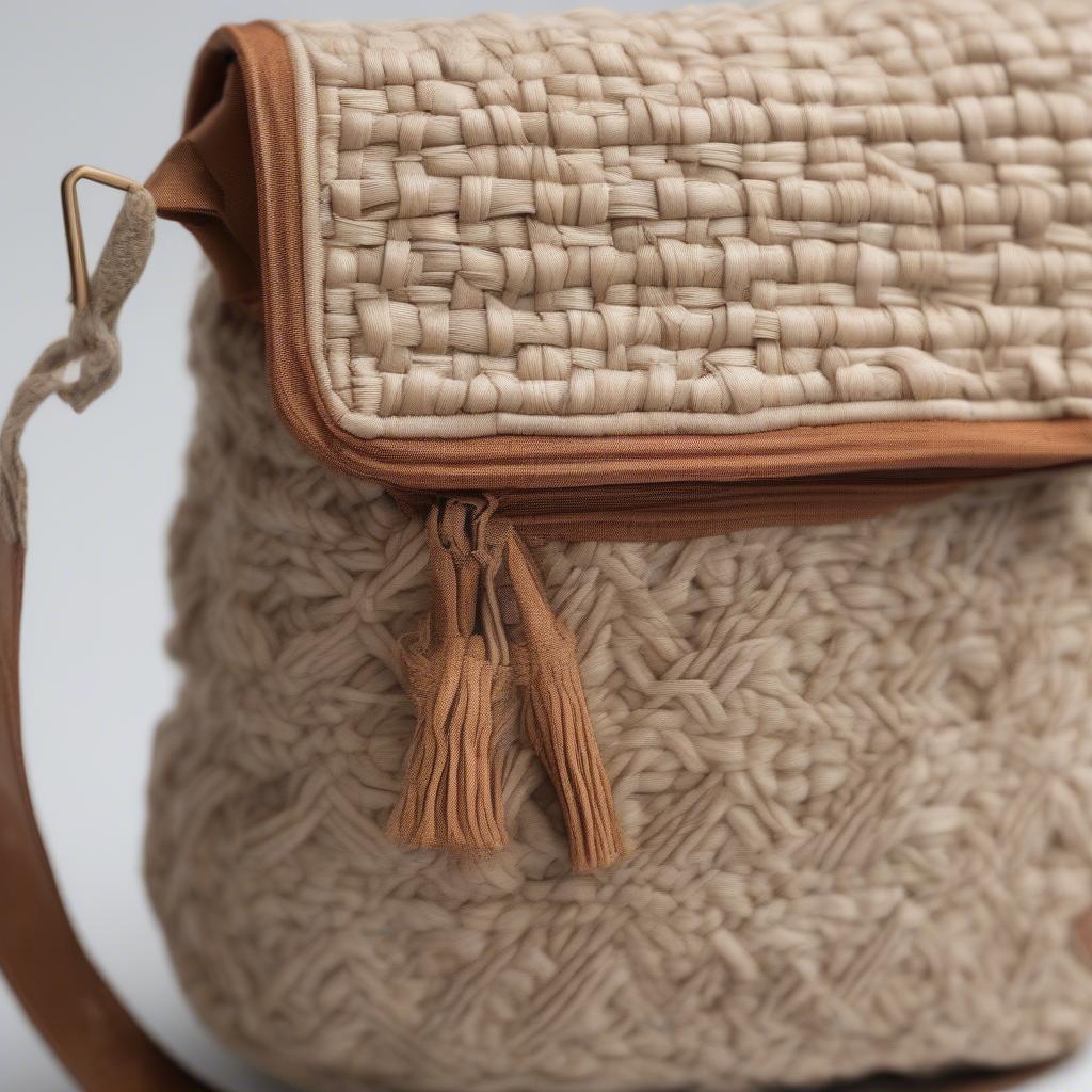 Cross body bag woven from natural fibers like rattan and wicker.