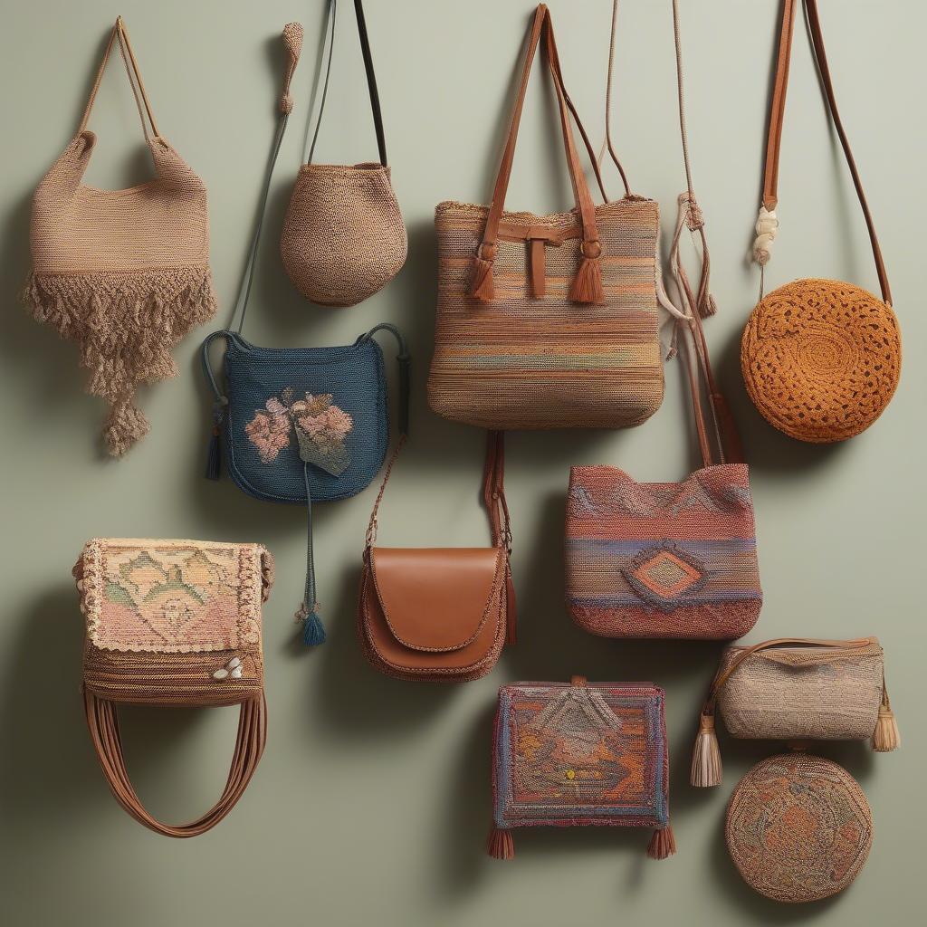 Various styles of crossbody Anthropologie woven bags