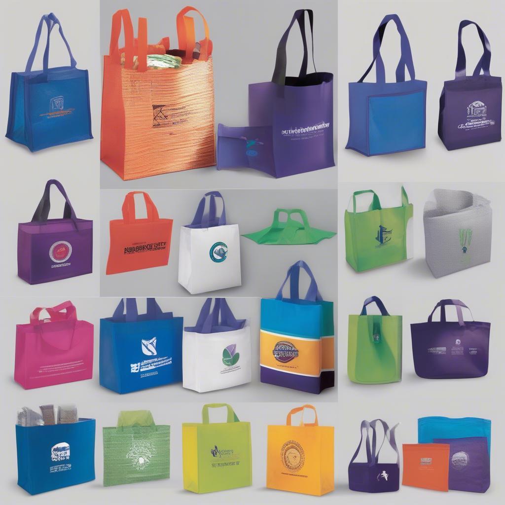 Custom Designed Non-Woven Bags: Showcase of various bag designs, including logo placement, color combinations, and creative graphics.