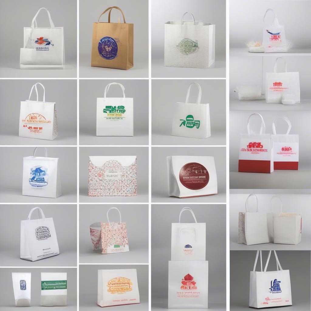 Examples of china white non woven bags with custom printed logos and designs for various businesses.