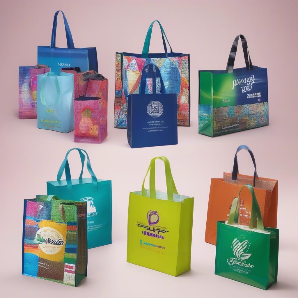 Examples of custom-printed laminated woven bags, featuring different logo placements, colors, and sizes.