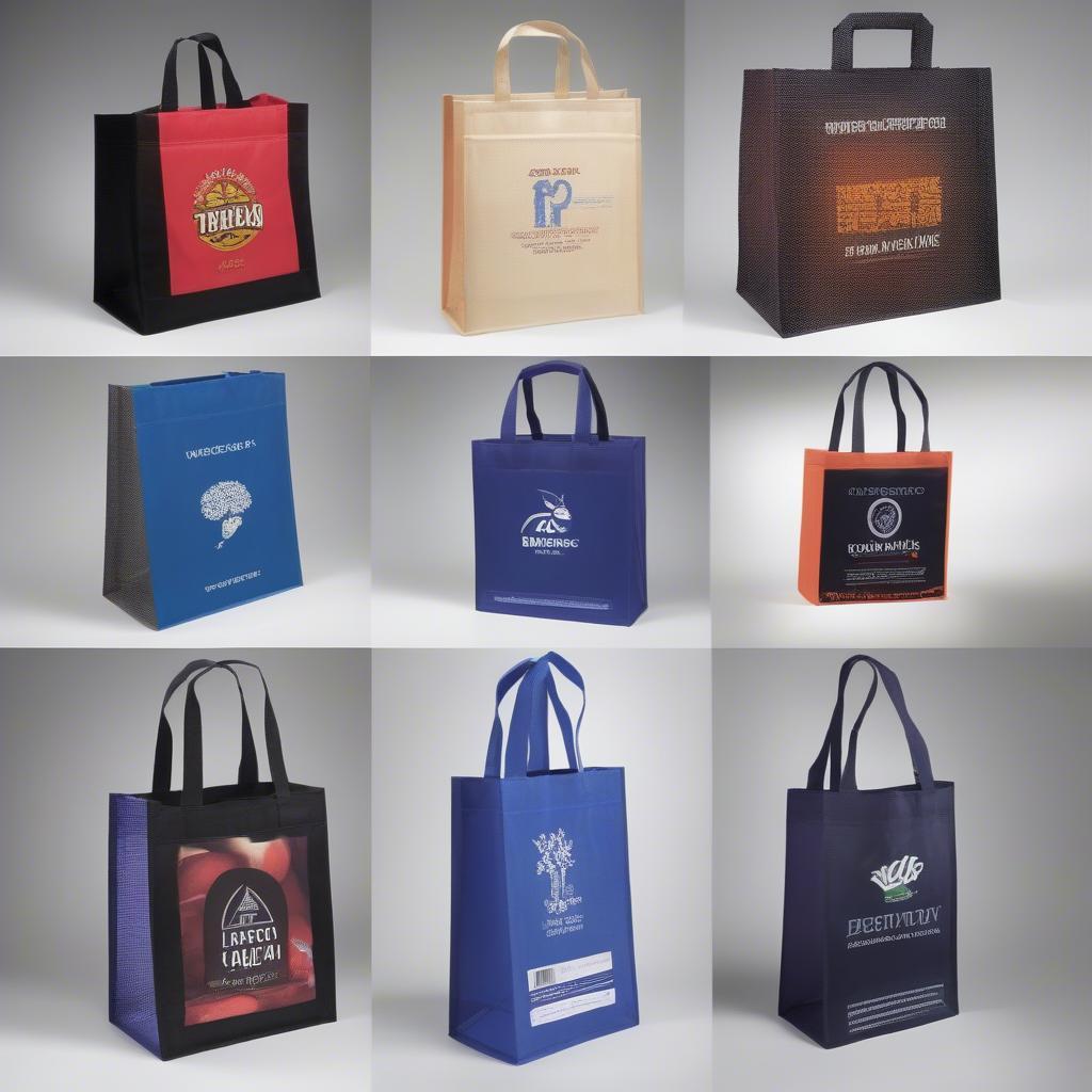 Custom Printed Non Woven Bags: Showcase a variety of non-woven bags with different printing options, including logos, designs, and text, highlighting the versatility and branding potential.