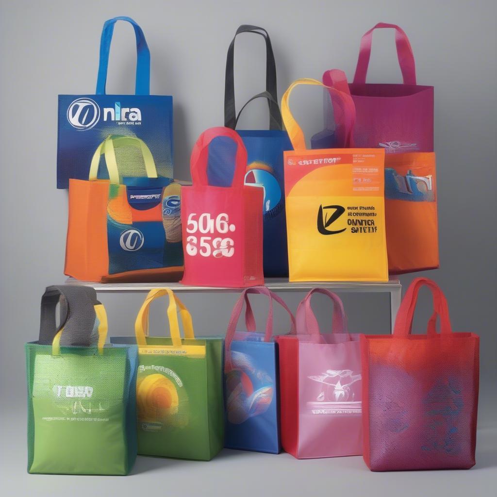 Various custom-printed non-woven shopping bags with different logos, colors, and designs.