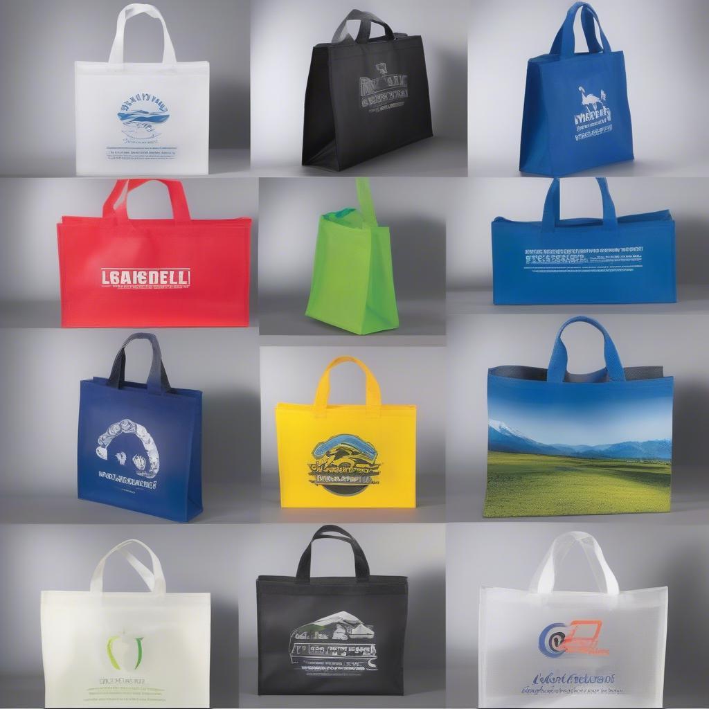 Custom-printed non-woven bags for bedding with company logos and branding.