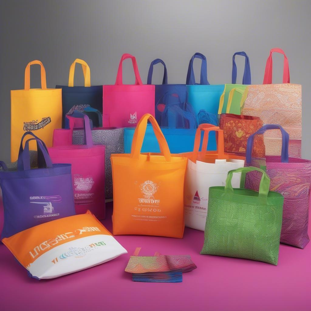 Display of various custom printed non woven bags manufactured in Rajkot.