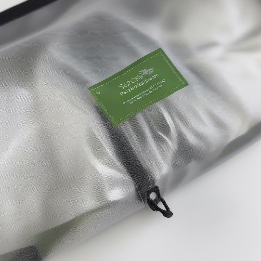 A close-up of a custom-printed non-woven bag for bedding, showcasing the company logo and product information.