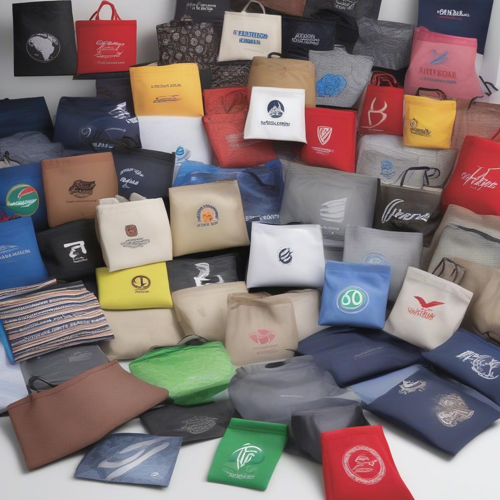 Custom Printed Shoe Bags: A variety of shoe bags featuring different logo prints and designs, demonstrating the customization options available.