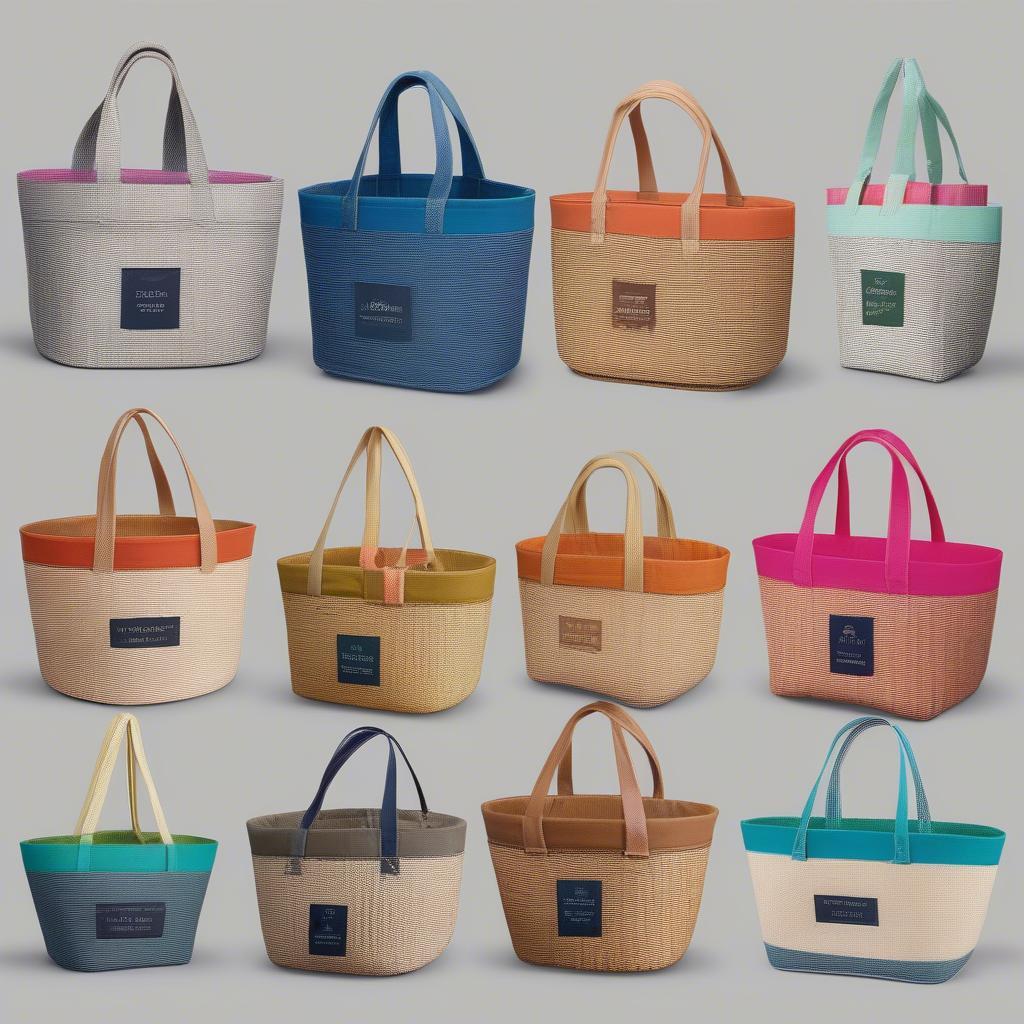 Examples of woven basket tote bags with custom linings, pockets, and brand labels