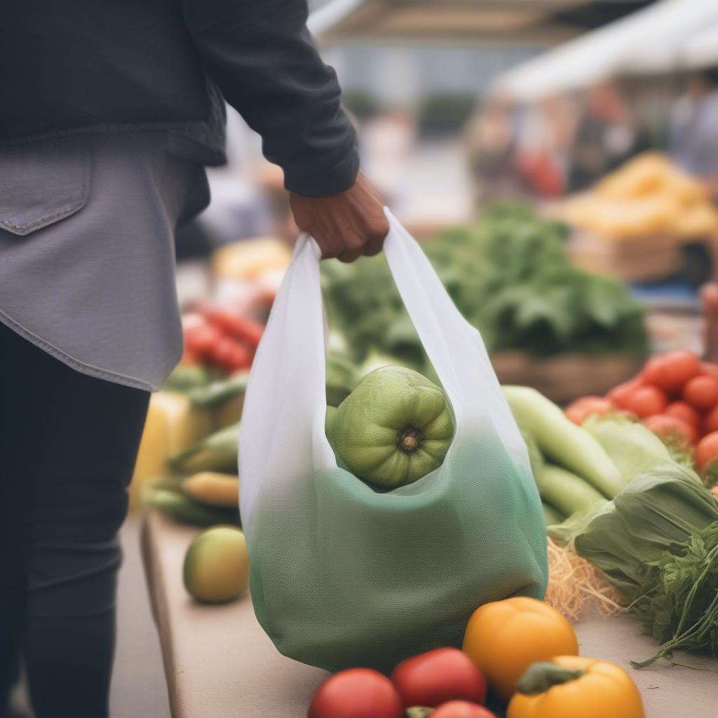 A customer using a non-woven bag at a farmer's market.