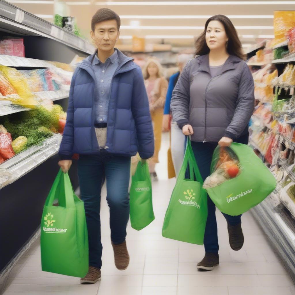 Customers leaving a supermarket with their purchases in non-woven vest carry bags.