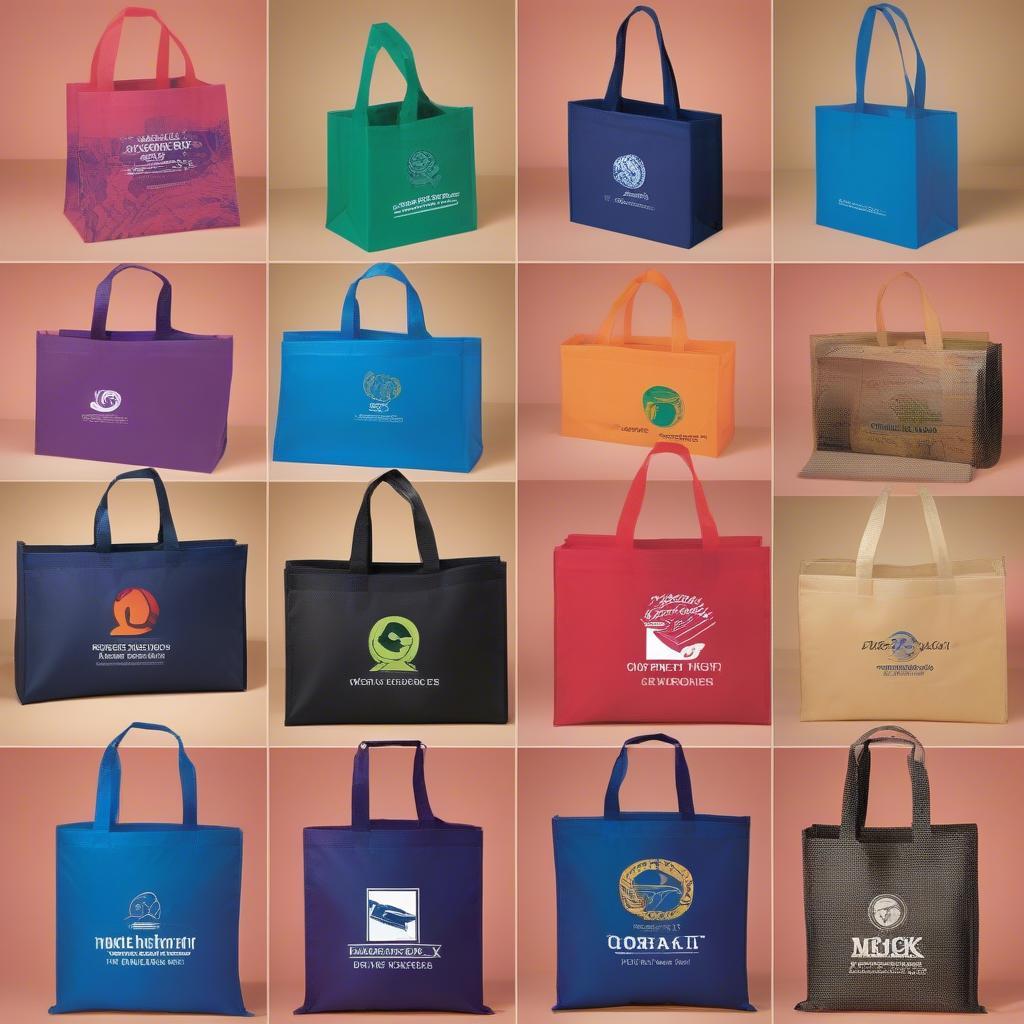 Examples of customized non-woven bags with different prints and colors.