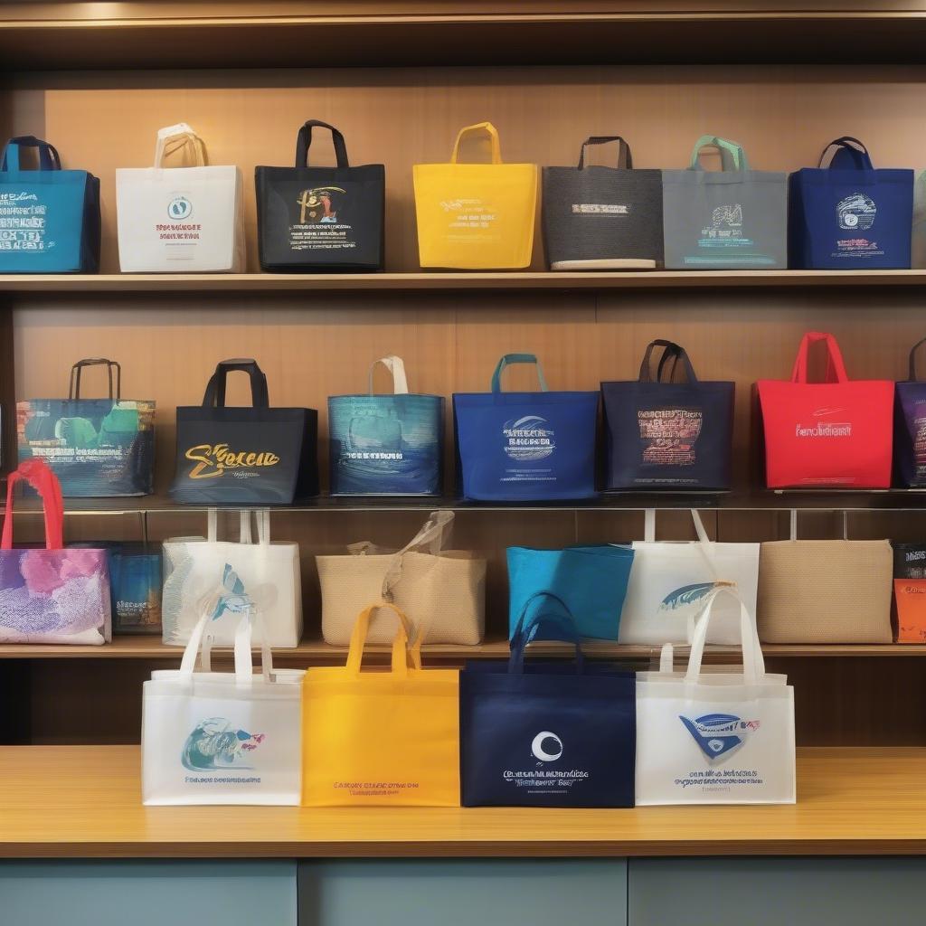 Customized non-woven bags displayed in a shop in Kolkata