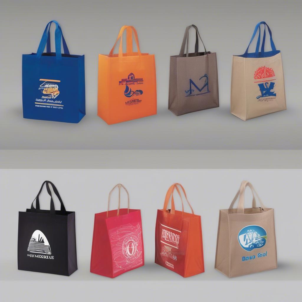 A collection of customized non-woven bags with different company logos and designs.