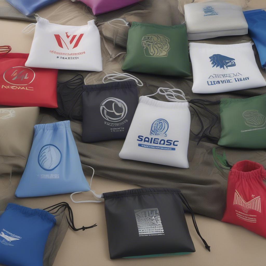 Customized non-woven drawstring bags with company logos.