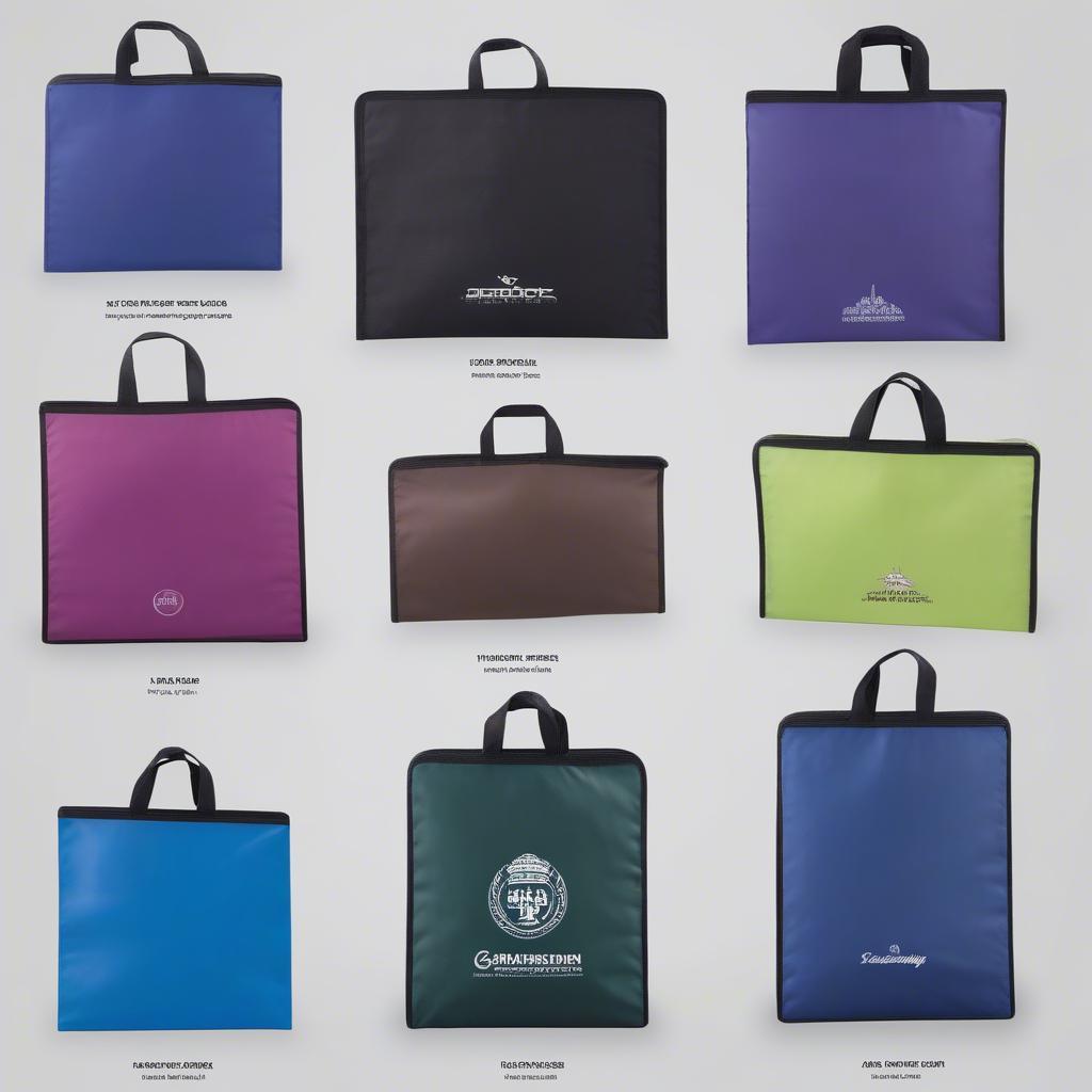 Display of various customized non-woven suit bags with different colors, prints, and handle styles.