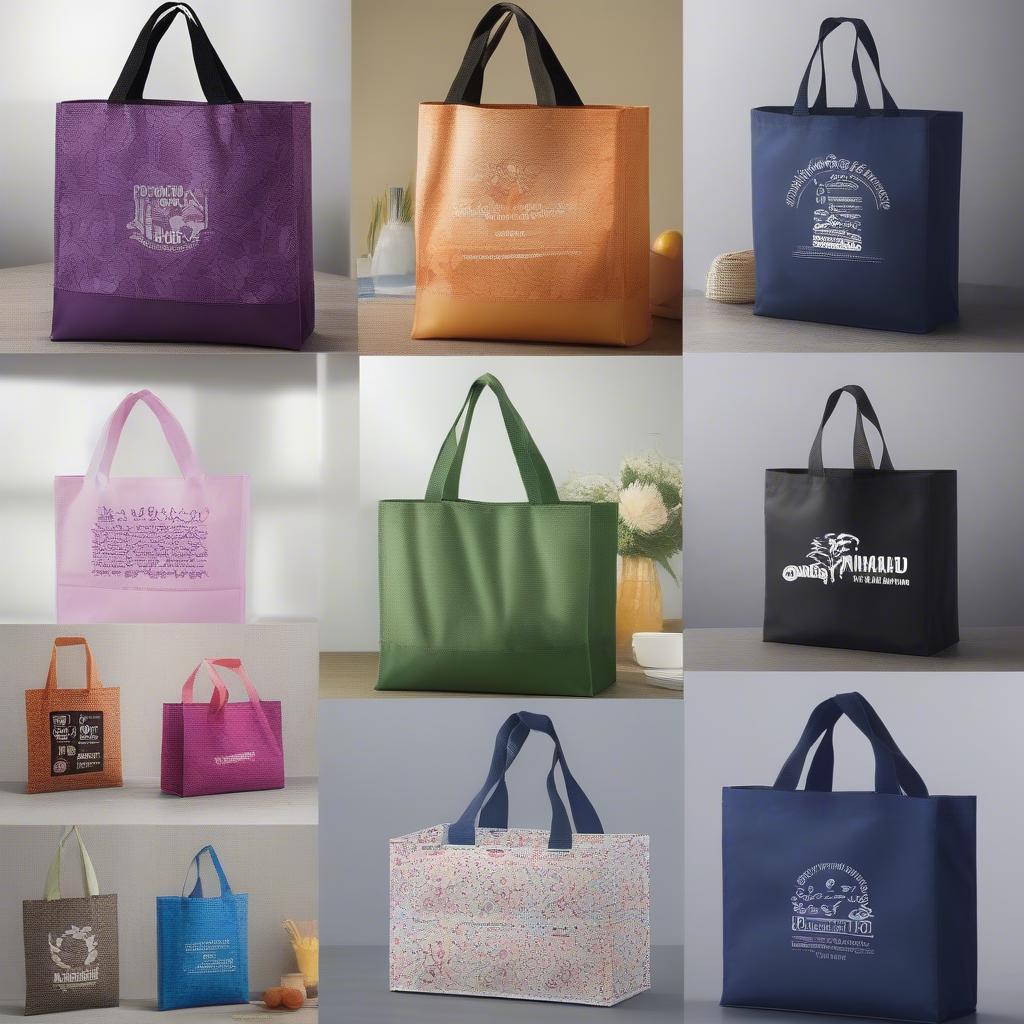 Various colorful customized non-woven polyester tote bags.