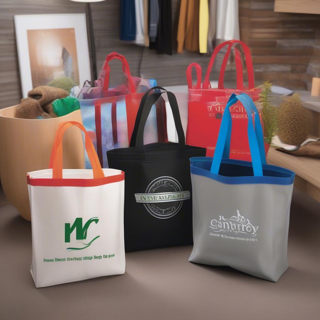 Customized non-woven tote bags displaying various company logos