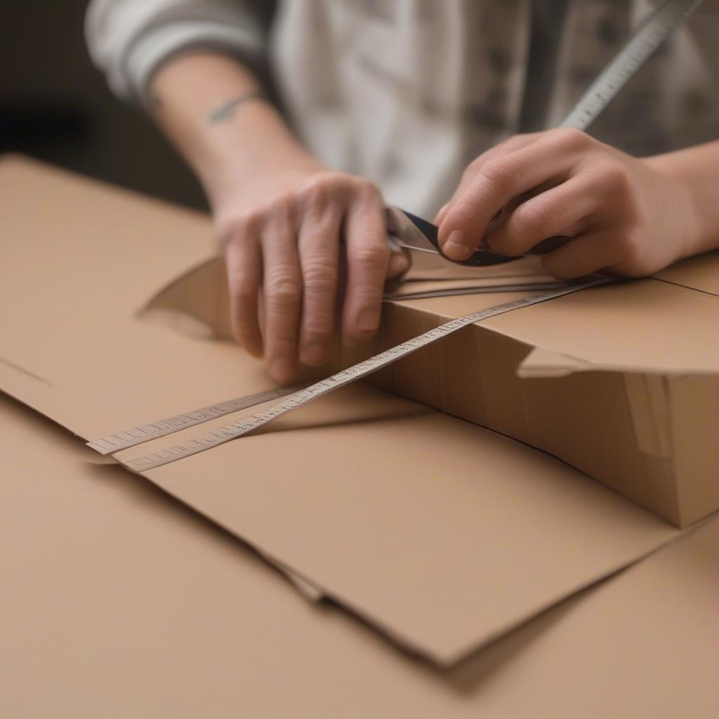 Cutting cardboard strips for basket weaving with a ruler and craft knife.