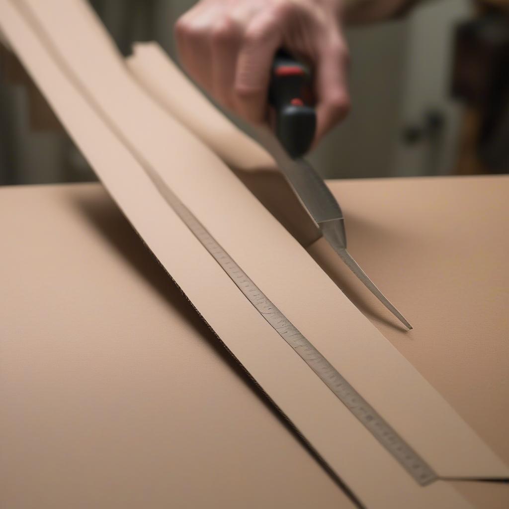 Cutting cardboard strips for basket weaving using a ruler and sharp scissors.