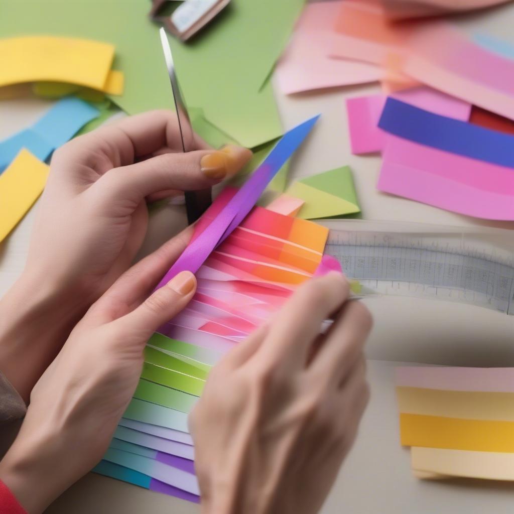 Cutting paper strips for basket weaving using a ruler and scissors.