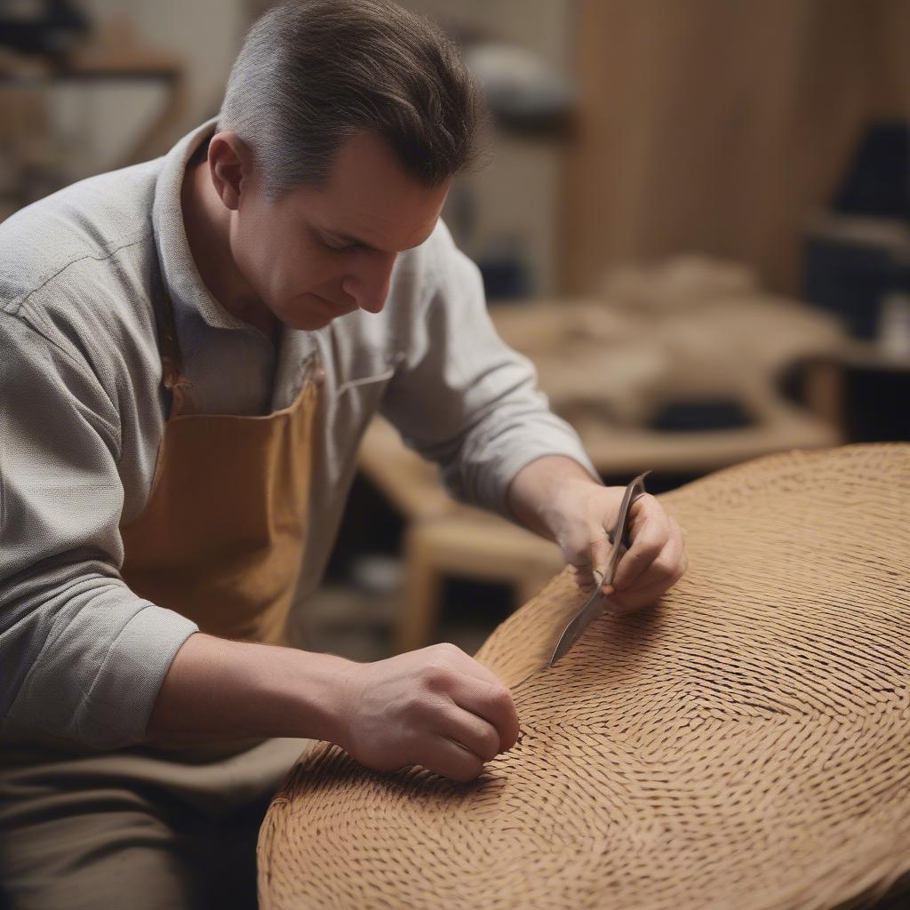 Image showcasing the Cyrus Flara brand logo alongside a craftsman working on a basket weave piece