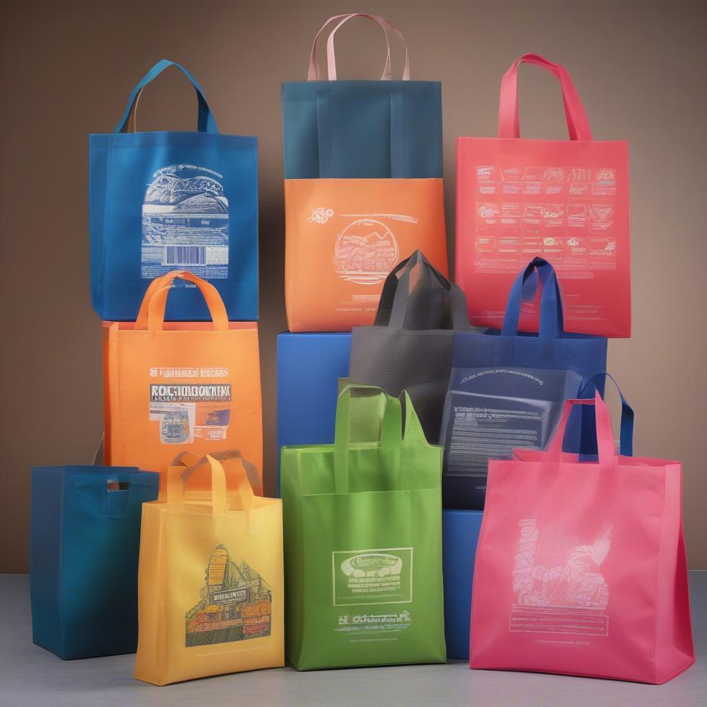 A display of various finished non-woven bags produced by a d cut machine, showcasing different sizes, colors, and printing options.