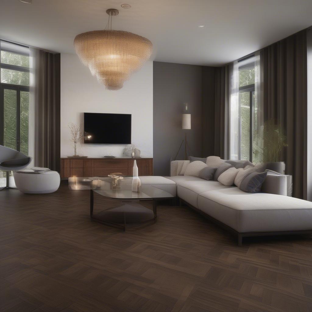 Dark Oak Basket Weave Flooring in a Modern Living Room