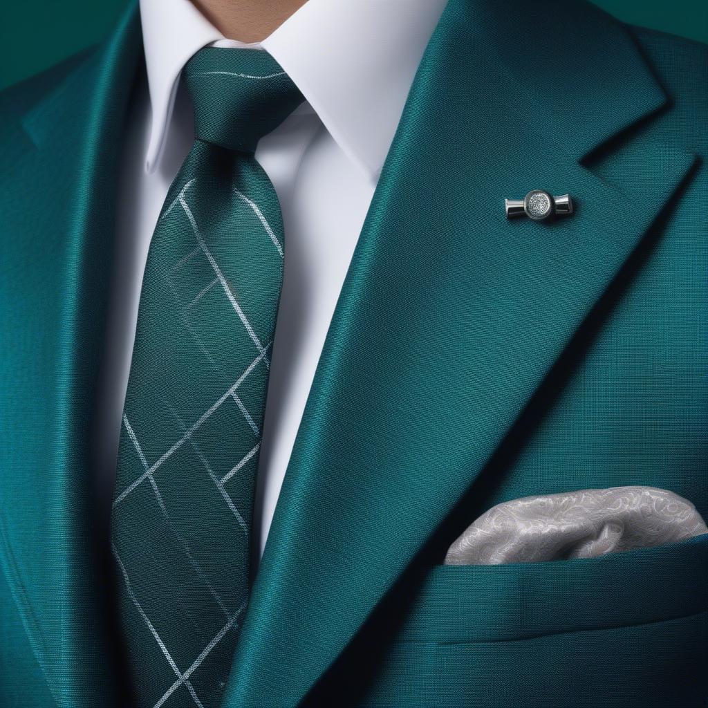 Accessories paired with a dark teal basket weave suit including a tie, pocket square, and cufflinks