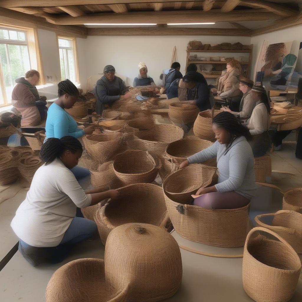 Students actively participating in a DC basket weaving class, learning various techniques and creating unique baskets.