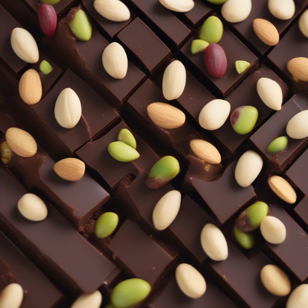 Decorated basket weave chocolate with nuts and dried fruits.