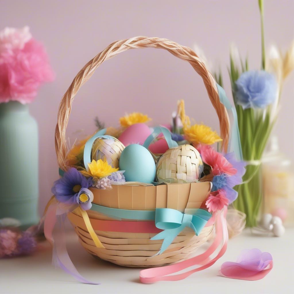 Decorating a woven paper Easter basket with ribbons, flowers, and other embellishments.