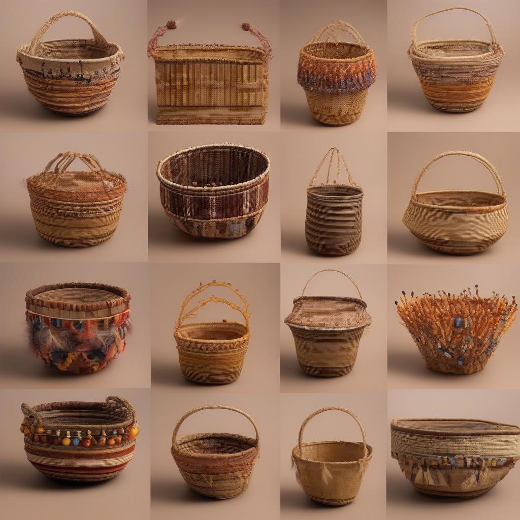 Examples of honeysuckle baskets with various decorative elements, including beads, feathers, and dyed vines.