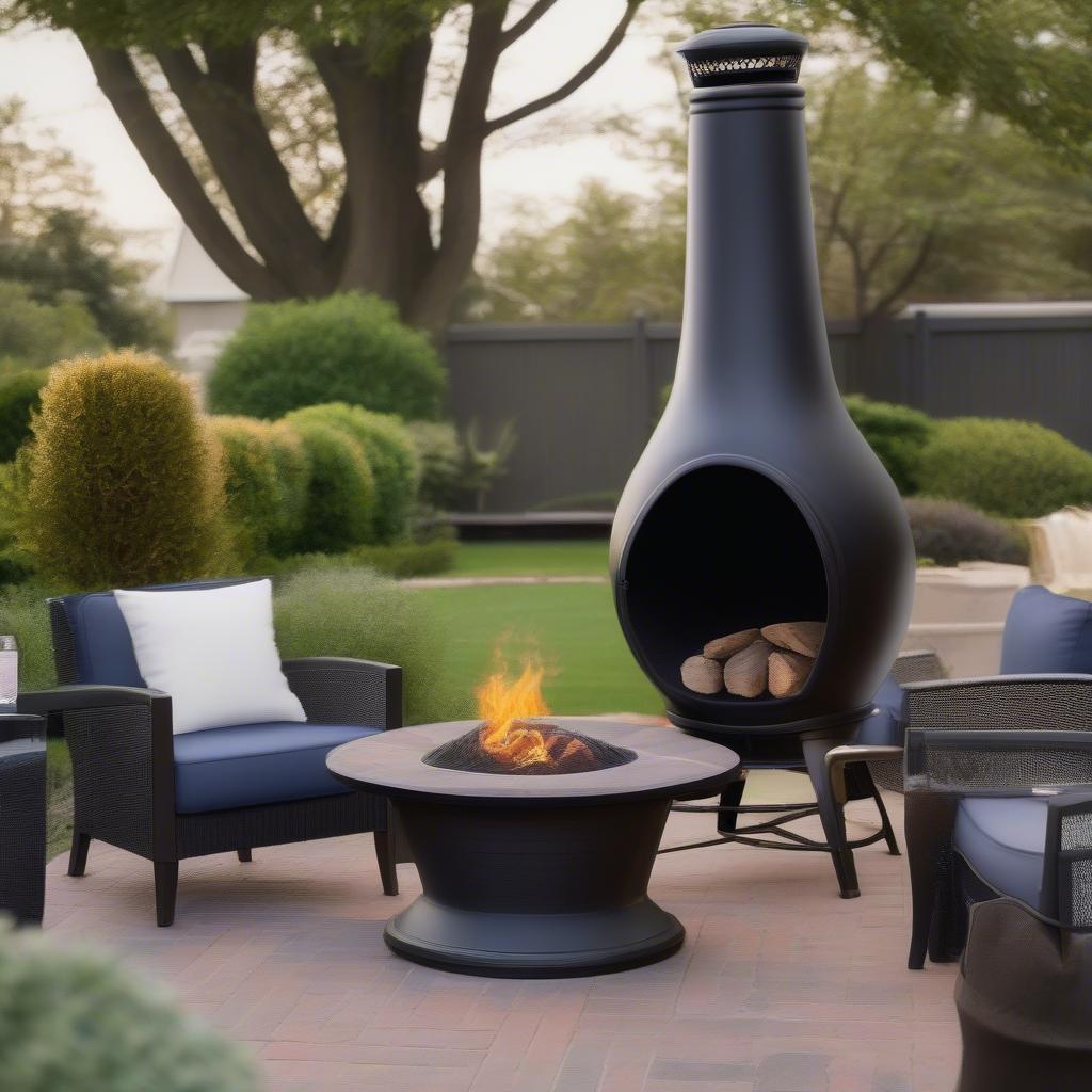 Deeco Western Basket Weave Jr Chiminea on a patio with furniture