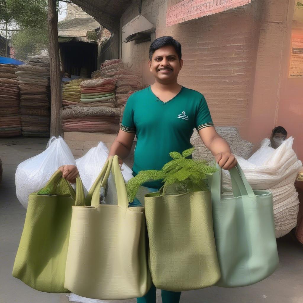 Impact of the ban on businesses in Delhi: Image depicting a business owner showcasing eco-friendly bags.