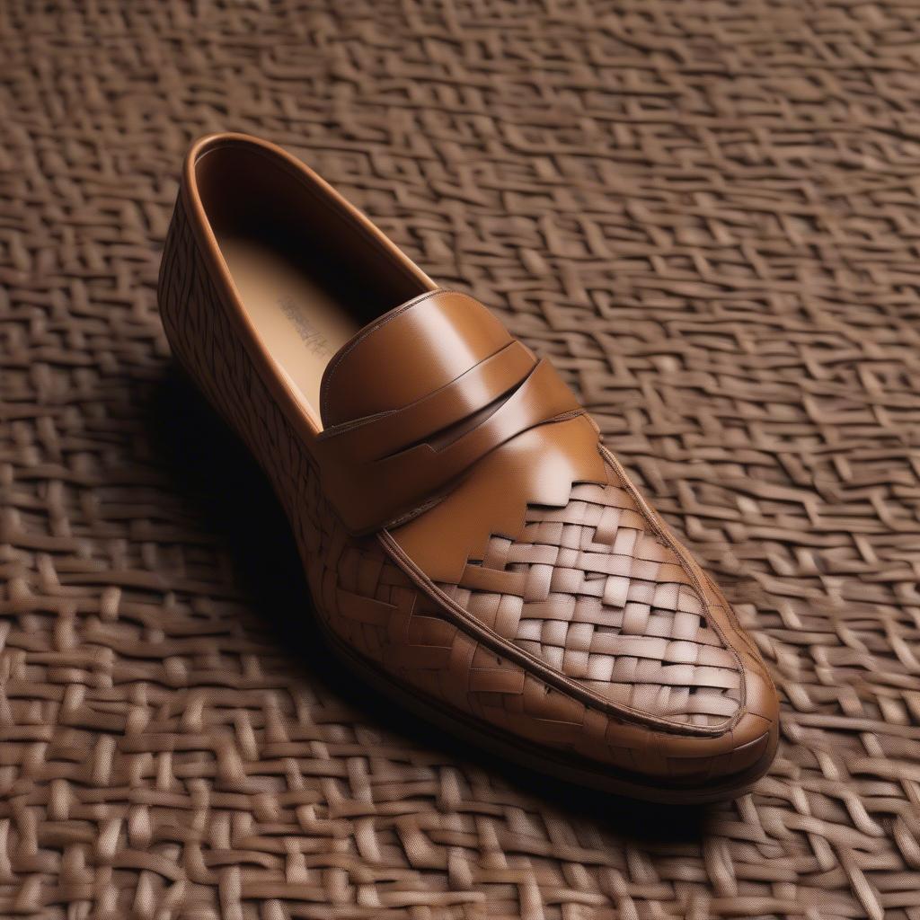 Close-up of the intricate basket weave pattern on the loafers, showcasing the craftsmanship and detailing.