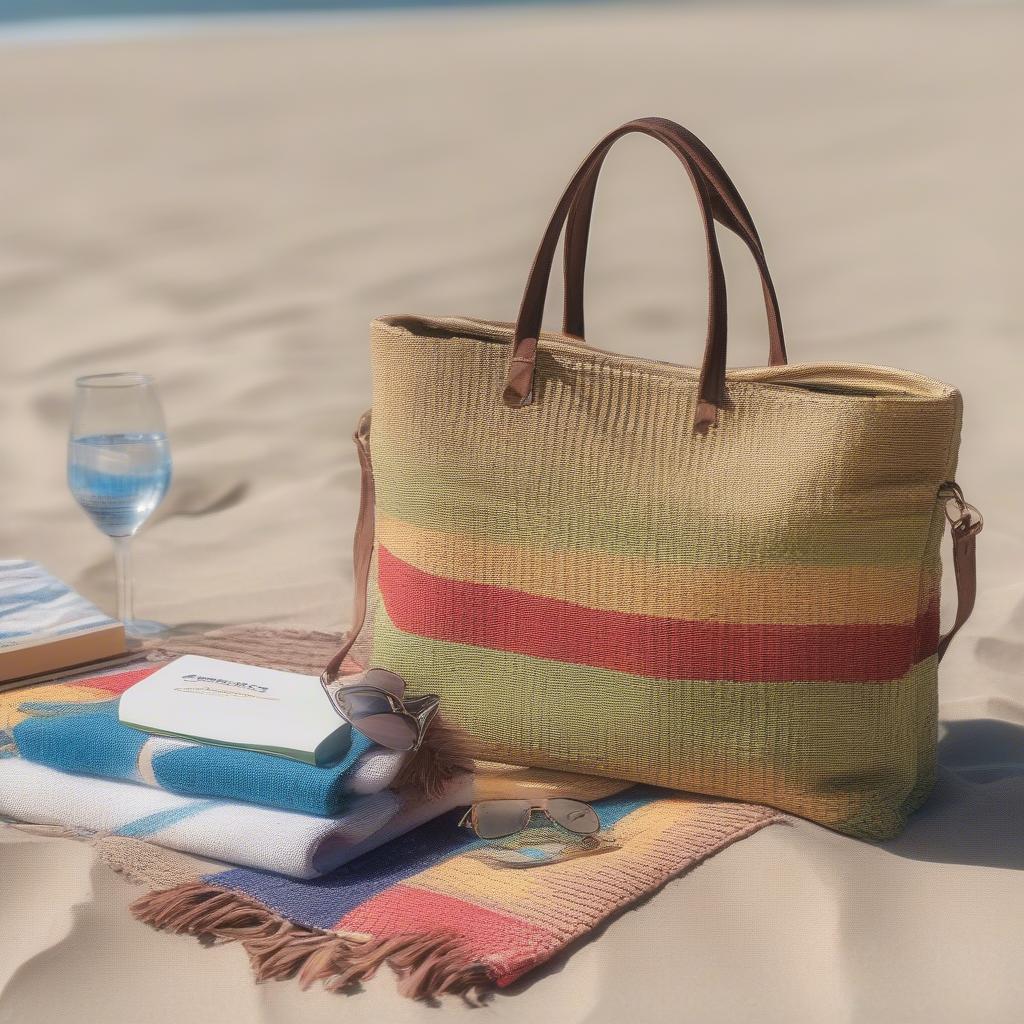 A desmo woven bag placed on a beach towel with other beach essentials, demonstrating its suitability as a beach bag.