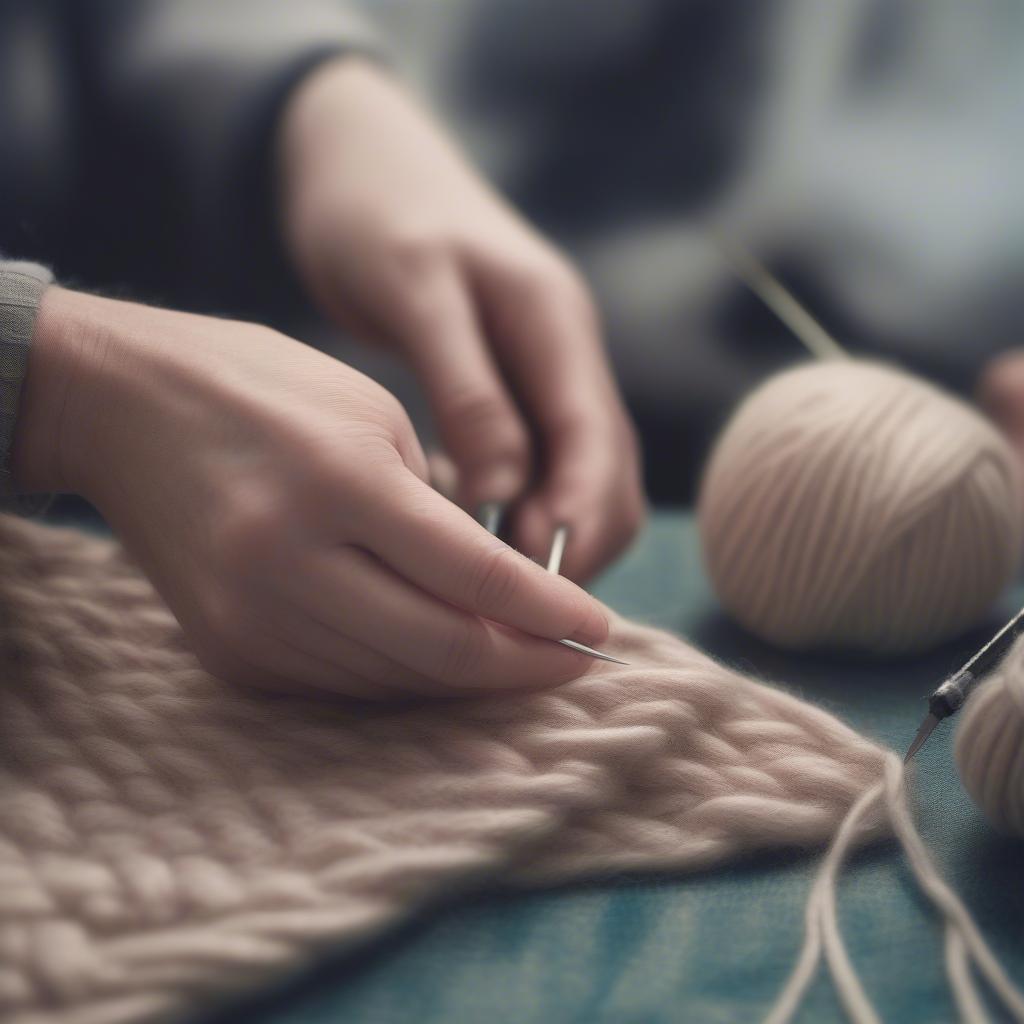 Knitter's hands working the diagonal cable stitch with a cable needle